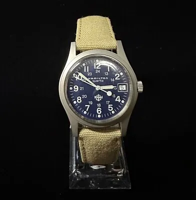 Hamilton 9797 Khaki Watch Quartz Men's Blue Dial Swiss Made Round Vintage 33mm • $361.35