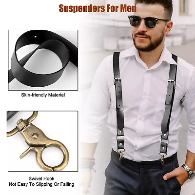 Men's Y Back 4 Hook Buckle Suspenders Adjustable PU Leather Pants Strap Braces • $14.89