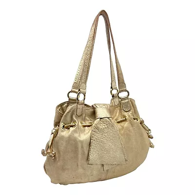 Vintage 90s MARCO BUGGIANI Metallic Leather Multi Section Hobo Bag ITALY GOLD • $54.99