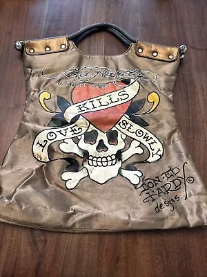 Don Ed Hardy Designs Love Kills Slowly Heart Skull Gold Copper Handle Tote Bag • $19.99