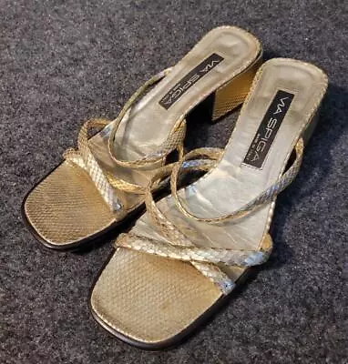 Via Spiga Sandals Womens Size 8.5 Gold Metallic Leather SnakeSkin Wedge BB5 • $12.74