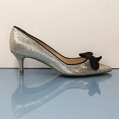 J Crew Womens 6 Silver Gold Black Bow Evening Formal Pumps Low Kitten Heel Shoes • $46.75