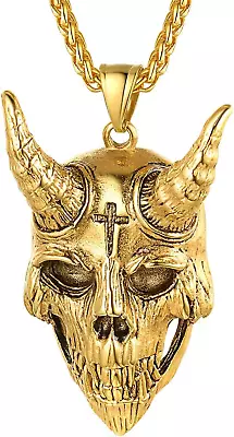 Gothic Baphomet Goat Necklace Gold Plated Stainless Steel Satan Jewelry For Men • $52.39