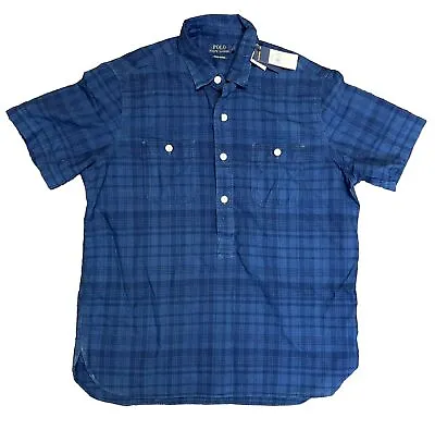 Polo Ralph Lauren Mens Button Shirt Large L Blue Indigo Oxford Plaid Popover NWT • $39.99