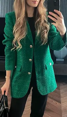Zara New Woman Button Textured Tailored Blazer Jacket Bottle Green 2761/062 S • $97.99