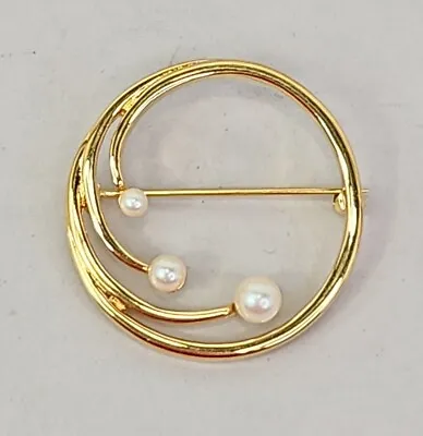 Monet Brooch Vintage Gold Tone Round Open 1.25  Faux Pearls Mini Wreath Ring • $8.45