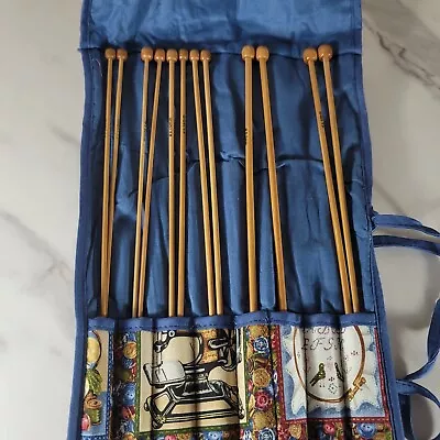 Vintage Wooden Knitting Needle Set With Handmade Fabric Case • $19.99