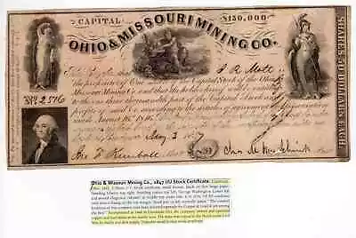 1847 Ohio & Missouri Mining Co. 1 Share Certificate Critical Civil War Mines • $165