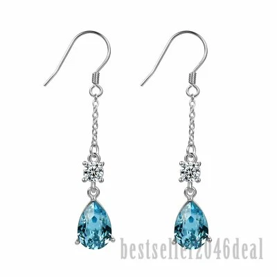 $14.24 • Buy Teardrop Dangle Hook Earrings Made With Swarovski Crystal 925 Sterling Silver CZ