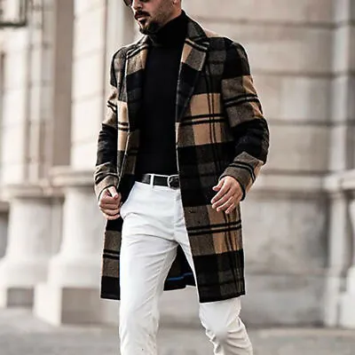 Mens Leisure Plaid Coats Lapel Collar Long Jackets Fashion Slim Business Outwear • $29.46