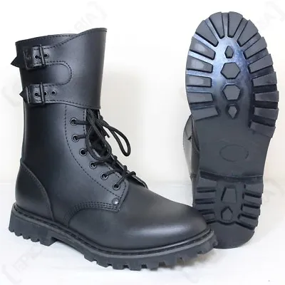 Black Leather French Army Ranger Buckle Boots - Mens Combat Military New Shoes • £78.95