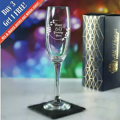 Personalised Engraved  Champagne Flute Happy 60th Birthday Wreath Gift Boxed • £11.95