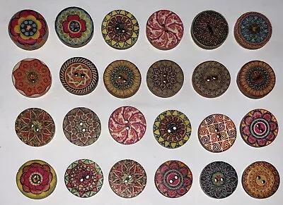 24 Decorative Flower Mandala Wooden Buttons 2-Hole 6/8  (20mm) For Crafts ~ NEW • $3.20