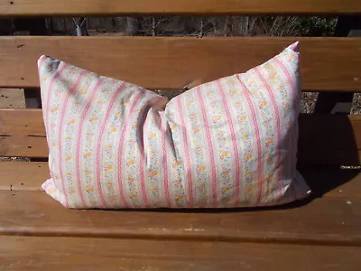 Vtg  Pink Striped Floral Ticking Feather Pillow 27x16 -Farmhouse • $50