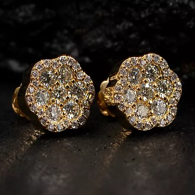 Men's Moissanite Flower Cluster 14K Yellow Gold Sterling Silver Stud Earrings • $129.99