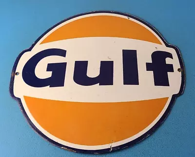 Vintage Gulf Gasoline Sign - Large Service Station Gas Pump Plate Service Sign • $167.67