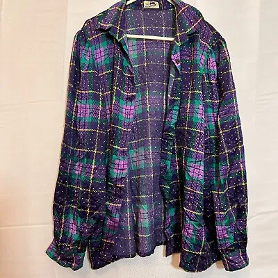 Vintage Womens Shirt Top Size 14 Purple Green Checked Tartan Boho Ladies Xmas • £8.99