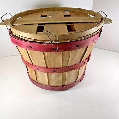 VTG Bushel Basket Large Orchard Wooden Paper Liner Basket W Wire Handles & Lid • $71.49