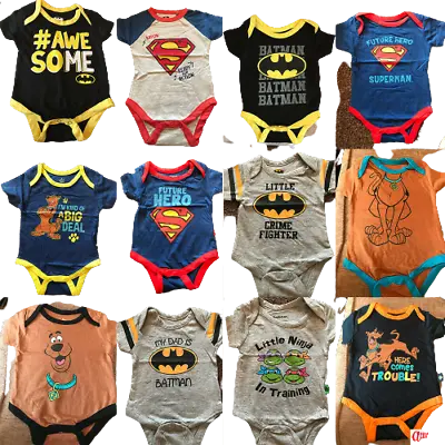Baby Character Theme Bodysuits-Official-Batman-Superman-Scooby-Ninja Baby Grows • £4.99