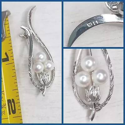 Vtg Signed Mikimoto Japanese Pin ~3 Akoya Pearls ~Sterling Silver Fine Jewelry • $59.99