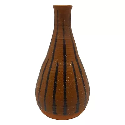 Handmade Signed Pottery Boho Vase - 10  Tall Vtg Brown Black Drip Glaze Stripe • $41.76