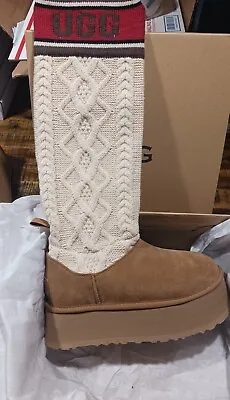 UGG Women's Classic Sweater Letter Platform Suede Chestnut Boots Sz 9 New W 📦  • $129.99