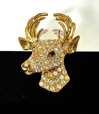 Vintage Rhinestone Deer Buck Head Brooch Pin Sparkly Gold • $11