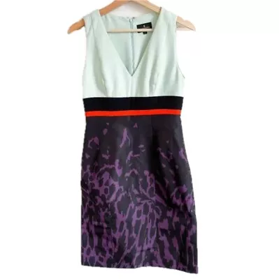 J. MENDEL PARIS V Neck Sheath Lined Mini Dress Color Block Blue/Black/Purple • $145