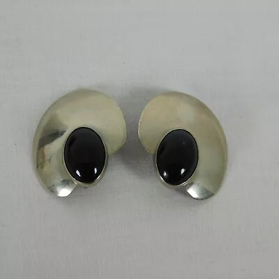 Anna Signed Silver Tone Black Cabochon Accent Vintage Earrings Hook Back 1.5  Lg • $20