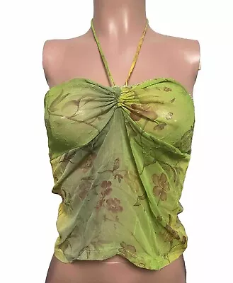 Y2K Vintage 2 K Sheer Floral Crinkled Halter Top Sm Drawstring Pinched Cami Top • $16