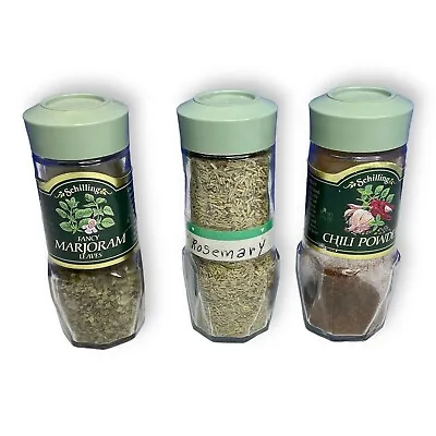 3 Vintage Glass McCormick Spice Jars Schilling Green Lids Marjoram Chili Powder • $11.95