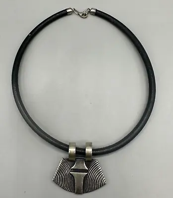 Sterling Silver Sliding Pendant Necklace Black Leather Cord Abstract Modernist • $50.99