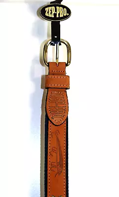 ZEP-PRO Mens Belt Leather Brown Blue Trim Ribbon Fish Brass Buckle Size 32 USA • $25.50