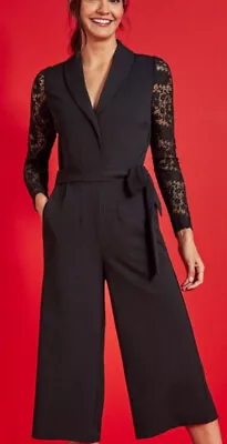 NEXT SIZE 16 Black Tailored Wide Leg Belted Lace Sleeve Jumpsuit BNWT • £29.99