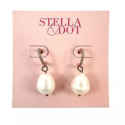 Stella & Dot Modern Bohemian Pearl Huggies Dangle Earrings Rhinestone Rose Gold • $25