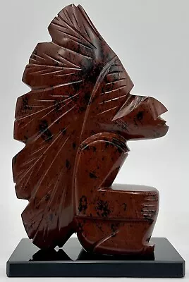 Mahogany Obsidian Stone Carved Latin Mayan Statue Figure Feather Headdress Chief • $89.95