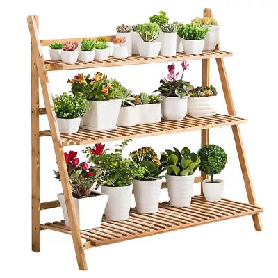 3-Tier Outdoor Wooden Flower Plant Pot Shelf Stand Folding Display Ladder Rack • £22.79