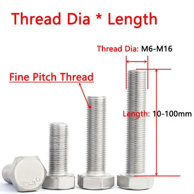 Fine Pitch Fully Threaded Set Screws Hex Bolts M6 M8 M10 M12-M16 Stainless Steel • £1.19