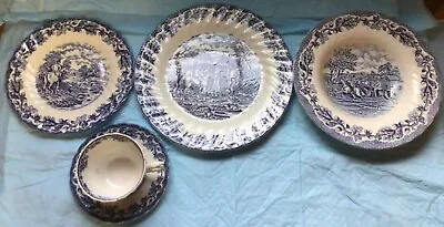 Fox Hunt Hunting Myotts Dinnerware 5 Piece Place Setting  Blue Transfer • $54.99