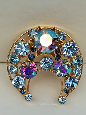 Vintage Crescent Moon Brooch Pin Blue Glass Rhinestones AB Stones Signed AUSTRIA • $29