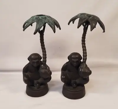 Bronze Metal Monkey Candle Holder Set Palm Tree Vintage Tropical 8  2 PC • $31.99