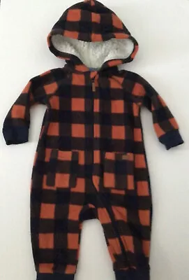 7 FOR ALL MANKIND-Baby Boy (3/6M) Hood Romper-Orange/Brown-Big Check-Fleece-Zip • $7.99