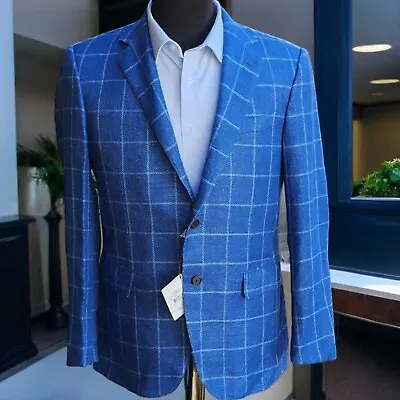 New CARUSO Blazer 40R White Label Hemp Wool Blue Windowpane $1395 Summer Spring • $499