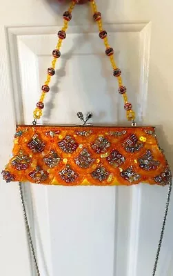 RARE Vintage Antique Ladies Orange Rhinestone Beaded Evening Handbag Purse Clasp • $24.99