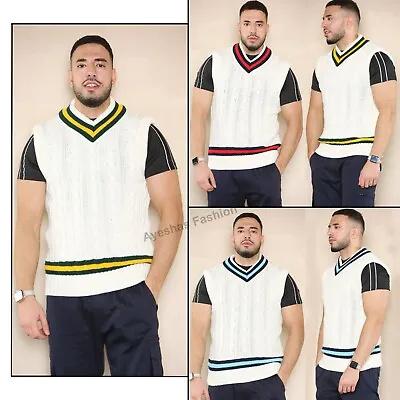 Mens V Neck Cable Knit Sleeveless Vest Knitted Cricket Jumper Tank Top Sweaters • £11.79