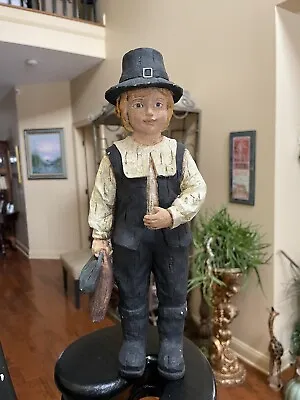 Vintage Colonial Stone Wood Resin Carved Pilgrim Boy Figurine 13.5” Thanksgiving • $65