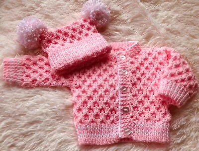 Hand Knitted Baby Cardigan And Hat Set Suit 0-3 Months • £7.95