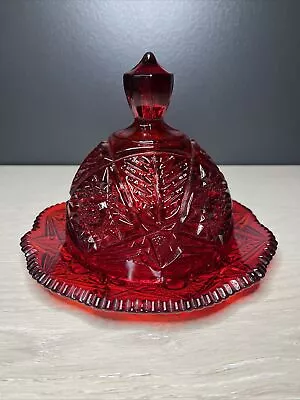 Vintage L.E. Smith Art Glass Moon&Stars Covered Cheese Dish Serving Ruby Red • $44.95