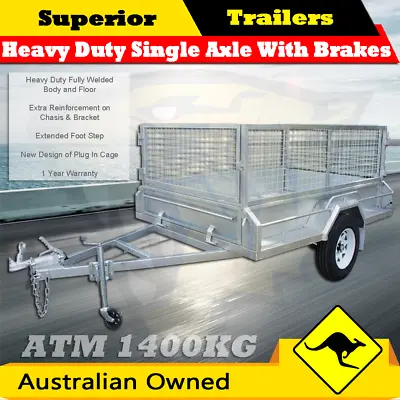 8x5 Heavy Duty Single Axle Box Trailer Braked Galvanised With 600mm Cage • $2799