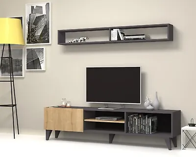 Amore TV Unit And Wall Shelves - Grey/Oak Up To 65-inch TV • £199